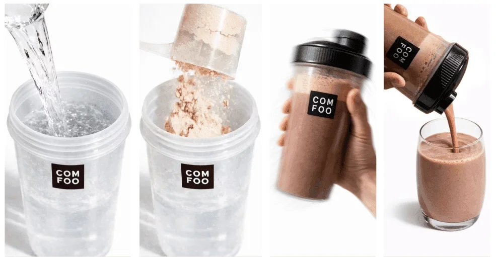Pulver hälls i en ComFoo-shaker och en färdig shake hålls i handen